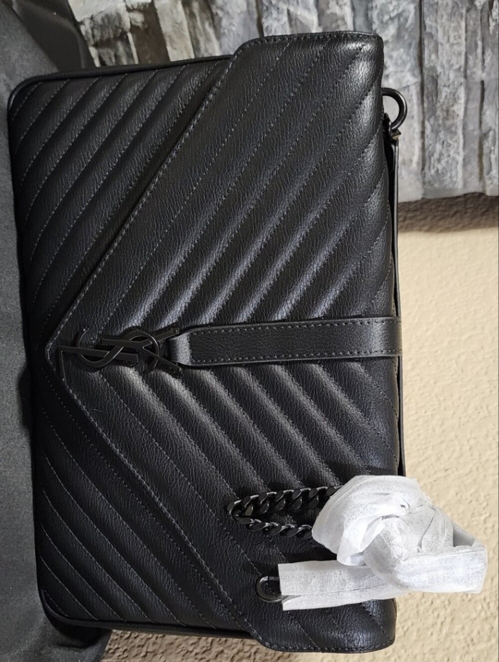 Black Chevron Quilted Leather Shoulder Bag with BLACK initials  Emblem